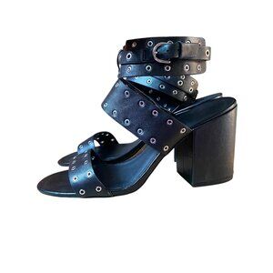 Rebecca Minkoff Carter Grommet Black Leather Ankle Strap Block Heel Size 10